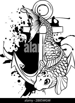 Ein Draw Anchor und Fischvektor illustrarion Stock Vektor