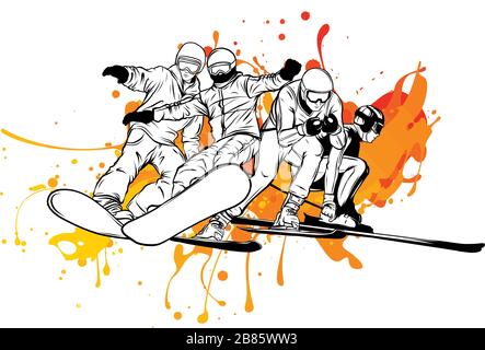 Vektor-Satz von Skifahrern. Designelemente für Skifahren isoliert auf weißem Hintergrund. Stock Vektor