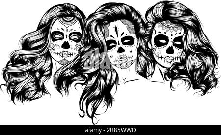 Mädchen mit Skelett bilden Hand gezeichnet Vektor Skizze. Santa muerte Frau Hexe Porträt lieferbar Abbildung: Stock Vektor