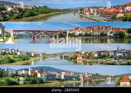 Maribor, Slowenien - 22. Dezember 2019: Collage der Wahrzeichen von Maribor in Slowenien. Europa Reisekonzept Stockfoto