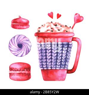 Handgemalte Abbildung von Aquarellmakaroon, Marshmallow und Kaffeetasse Stockfoto