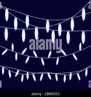 Party leuchtet. Leuchtend hängende Girlanden mit leuchtenden Lichtern, die auf dunkelblauem Hintergrund isoliert sind. Nahtloses Vektordesign für Weihnachtskarten, valentin Stock Vektor