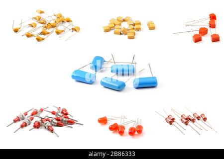 Verschiedene elektronische Komponenten, Nahaufnahme auf isoliertem weißem Hintergrund Stockfoto