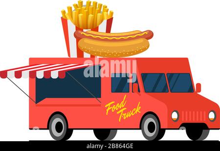 Fastfood rot LKW. Hot Dog und pommes auf dem Van-Dach. Gebratene knusprige Kartoffel und Brötchen mit Wurst Auto Lieferservice oder Festival auf Straße Küche Räder Vektor flache Illustration Stock Vektor