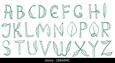 Schrift mit Blättern, natürlicher Stil, Buchstaben. Alphabet-Design für Öko-Lebensmittel, vegetarisch, Vitamin-Paket, Vektor. Stock Vektor