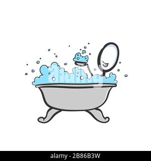 Blasenbad. Mann in einer Badewanne mit Seife und Shampoo-Schaum. Hand gezogen. Stickiger Zeichentrickfilm. Doodle Skizze, Vector Graphic Illustration Stock Vektor