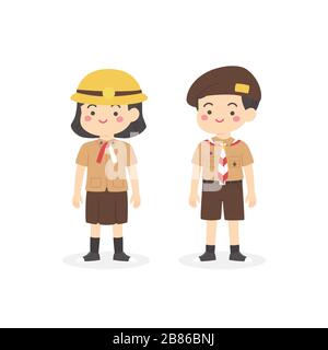 Indonesian Pramuka Scout Elementary School Uniform Kids Cartoon Vector Stock Vektor