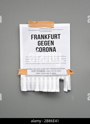 Frankfurt, Deutschland. März 2020. 20. März 2020, Hessen, Frankfurt am Main: Eine Notiz mit der Aufschrift "Frankfurt gegen Corona" wirbt an der Außenfassade des Frankfurter Hauptbahnhofs für die freiwillige Quartierbetreuung der Risikogruppen Covid-19. Credit: Dpa Picture Alliance / Alamy Live News Stockfoto