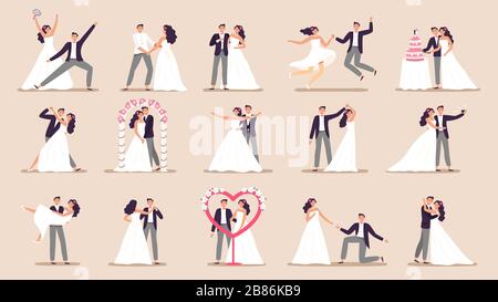 Hochzeitspaare. Brautpaar im Hochzeitskleid, nur Ehepaar und Trauungszeremonie Cartoon Vektor Illustration Set Stock Vektor
