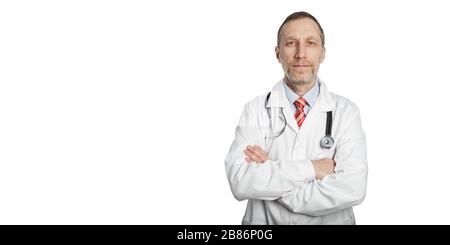 Porträt des Arztes vor weißem Hintergrund mit rof-Text im Raum isoliert Stockfoto