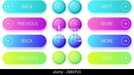 Verlaufstasten. Taste "Weiter" und "zurück", farbige Vektor-Schaltflächen "zurück" und "mehr" Stock Vektor