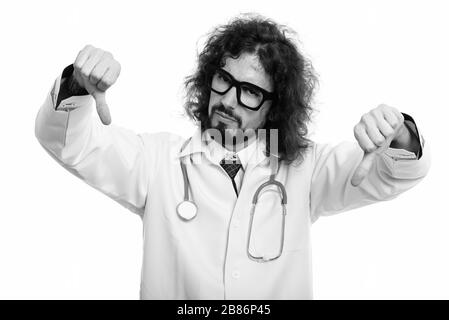 Studio shot von enttäuscht man Arzt, der Daumen nach unten Stockfoto