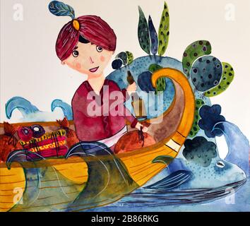 Aquarell Sinbad der Segler auf dem Boot, der Walinsel auslaucht Stockfoto