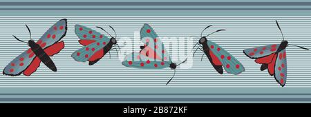 Nahtloser Vektorrahmen mit sechs Punkten und burnet-schmetterling. Tag Flying Motte Banner auf schieferblauen Streifen. Buntes, handgezeichnetes schottisches Küsteninsekt Stock Vektor