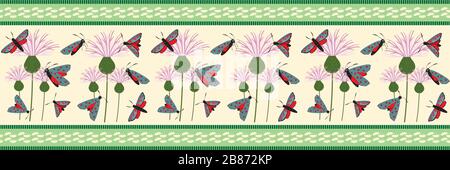 Nahtloser Vektorrahmen mit sechs Punkten und burnet-schmetterling. Tag fliegende Mottenwiesen-Blumenbanner. Klassische schottische Illustration von Insekten und Blumenmustern an der Küste Stock Vektor