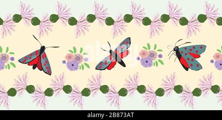 Nahtloser Vektorrahmen mit sechs Punkten und burnet-schmetterling. Tag fliegende Mottenwiesen-Blumenbanner. Klassische schottische Illustration von Insekten und Blumenmustern an der Küste Stock Vektor