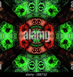 3D-Rendering von Kunststoff-Hintergrundfliesen mit prägten abstrakten, farbenfrohen Fraktalmustern Stockfoto