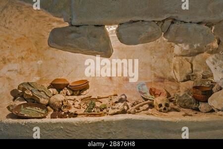 Maya-Skelett aus dem Grab von Calakmul, ausgestellt im Museo Arqueologico in Fuerte de San Miguel in Campeche, Yucatan-Halbinsel, Mexiko Stockfoto