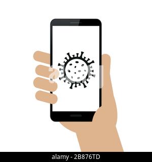 Hand hält Smartphone mit Virensymbol isoliert auf weißer Hintergrundvektor-Abbildung EPS10 Stock Vektor