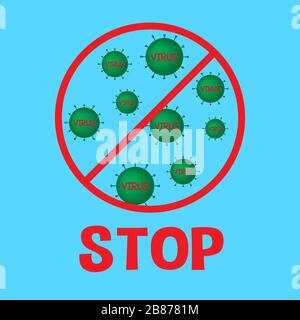 STOP COVID - 19. Viruszellen im Hintergrund eines Weltbildes. Stock Vektor