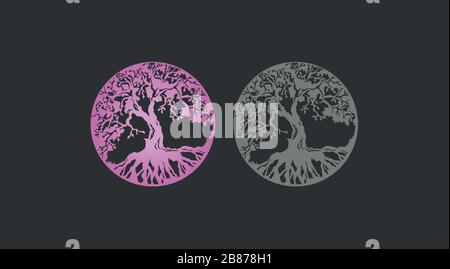 Schöner Satz des Lebensbaums rosa Gradient und graue Silhouette eines Baumes mit Wurzeln gesetzt. Amulet, der alte Baum von li Stock Vektor