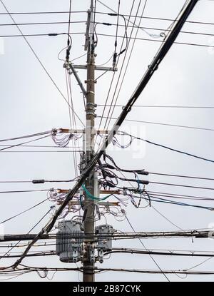 Ein Bild der elektrischen Leitungen auf einem Pfosten in den Straßen von Kyoto. Stockfoto