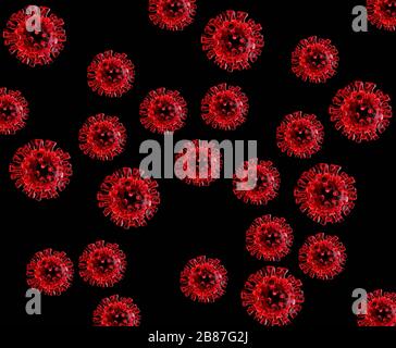 Digital erzeugte Coronavirus-Partikel, die Stacheln zeigen, die wie die Sonnenkorona eine Krone bilden Stockfoto