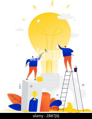 Abbildung der Unternehmer, die neue Ideen entwickeln. Vektor. Metapher. Zwei Leute produzieren ein neues Produkt. Pflege des Unternehmens und der Zukunft. Power Gen Stock Vektor