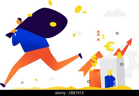 Abbildung: Ein kleiner Mann, der mit dem Einkommen der Anleger davonläuft. Der Dieb hat die Hauptstadt gestohlen. Vektor. Metapher. Der Anstieg und Fall der Devisen a Stock Vektor