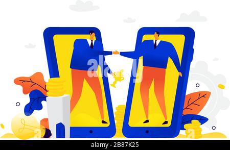 Abbildung: Gesunde Unternehmer. Vektor. Metapher. Ein Mann und sein Partner grüßen sich vor dem Hintergrund mobiler Geräte. Partnerschaft, Stock Vektor