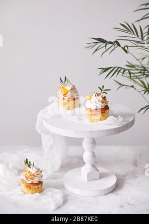 Hausgemachte Cupcakes mit Zitrone und Blättern auf weißem Hintergrund. Freier Speicherplatz für Ihren Text Stockfoto