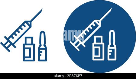 Symbol mit gezogener medizinischer Spritze, Ampulle und Durchstechflasche. Mittel zur Behandlung von Krankheiten. Option in einem Kreis und ohne ihn. Vektor isoliert illulat Stock Vektor