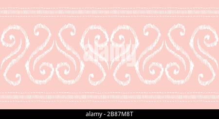 Handdrawn Pink and White Heart Shape Traditional Ikat Vector Seamless Pattern - horizontaler Rand Stock Vektor