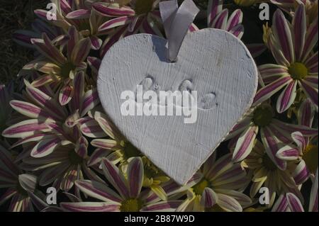 Das Bild zeigt ein weißes Herz mit der deutschen Textliebe in der Fuchsie Stockfoto