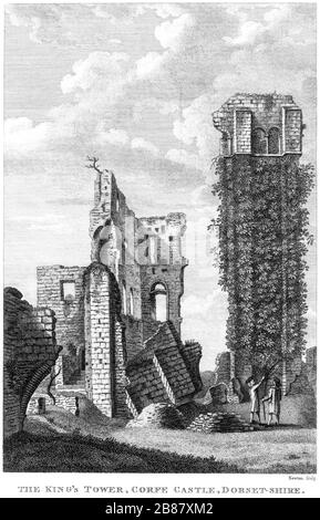 Eine Gravur des Kings Tower, Corfe Castle, Dorsetshire, gescannte in hoher Auflösung aus einem Buch, das um das Jahr 1786 veröffentlicht wurde. Ich glaube, dass das Urheberrecht frei ist. Stockfoto