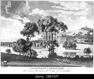Eine Gravur von Chatsworth in Derbyshire, dem Sitz seiner Gnade, den Herzog von Devonshire, gescannte in hoher Auflösung aus einem Buch, das um das Jahr 1786 veröffentlicht wurde. Stockfoto