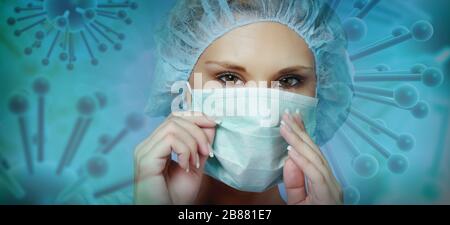 Corona-Virus - Ilustrationsbild, Krankenschwester mit Maske, Stockfoto