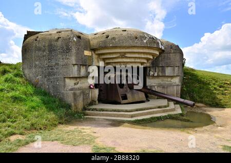 Longues-sur-Mer Waffenbatterie des Zweiten Weltkriegs, Normandie, Frankreich Stockfoto