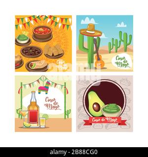 cinco de Mayo Celebration Card mit festgelegten Symbolen Stock Vektor