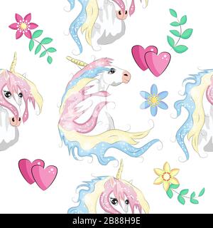 Nahtloses Muster mit trendigen Cartoon-Patches. Einhörner, Regenbögen und Herzen. Stock Vektor