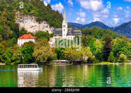 Schöner Bleder See, Panoramaaussicht, Slowenien. Stockfoto