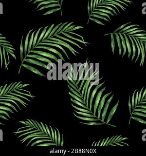 Handgezeichnete Aquarellzeichnung mit Kokosnuss. Nahtloses schwarzes tropisches Muster. Stockfoto