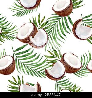 Handgezeichnete Aquarellzeichnung mit Kokosnuss. Nahtloses Muster. Stockfoto