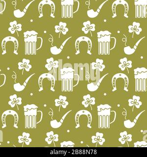 Nahtloses Muster mit Kleeblättern, Bierbecher, Hufeisen, Rauchrohr. St. Patrick's Day. Hintergrund für den Urlaub. Irisches Vektormuster. Design für Banner Stock Vektor