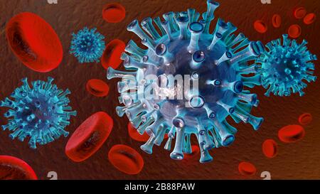 Ein Corona-Virus in seiner mikroskopischen Umgebung Stockfoto