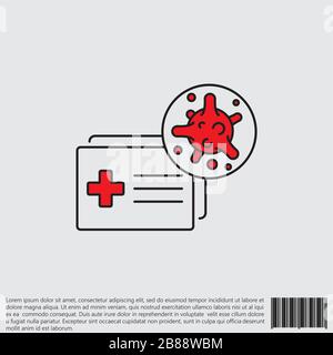 Virus, Bakterien und medizinisches Formular, Dokument, Zertifikatlinie, lineares Symbol, Symbol, Zeichen. Coronavirus, COVID-19-Symbol, Logo schwarz und rot auf weißem Hintergrund Stock Vektor