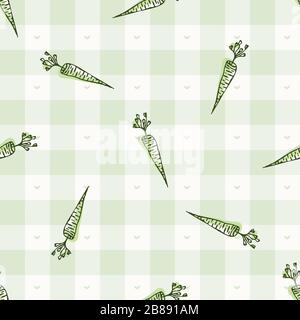 Handgezeichnetes, skurriles Karotten-Gingham-Seamless-Muster. Vector Vintage Karomuster im Retro. Tischdecke auf dem grünen Bauernmarkt. Skizzenhaft gezeichnet Stock Vektor