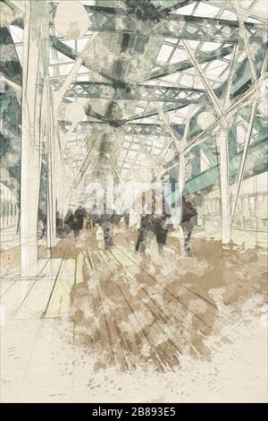 Aquarell Skizze Postkarte von innerhalb der Bogdan Chmelnizky (Kievsky) Fußgängerbrücke über den Fluss Moskau. Die Leute gehen die Brücke entlang. Stockfoto