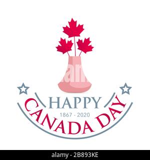 Square Banner Happy Canada Day. Blumenstrauß aus roten Ahorn-Blättern in einer rosafarbenen Vase auf weißem Grund Stock Vektor
