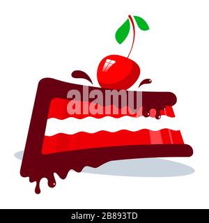 Schokoladenscheibe aus Kuchen mit Marmelade und roter Kirsche auf weißem Hintergrund Stock Vektor